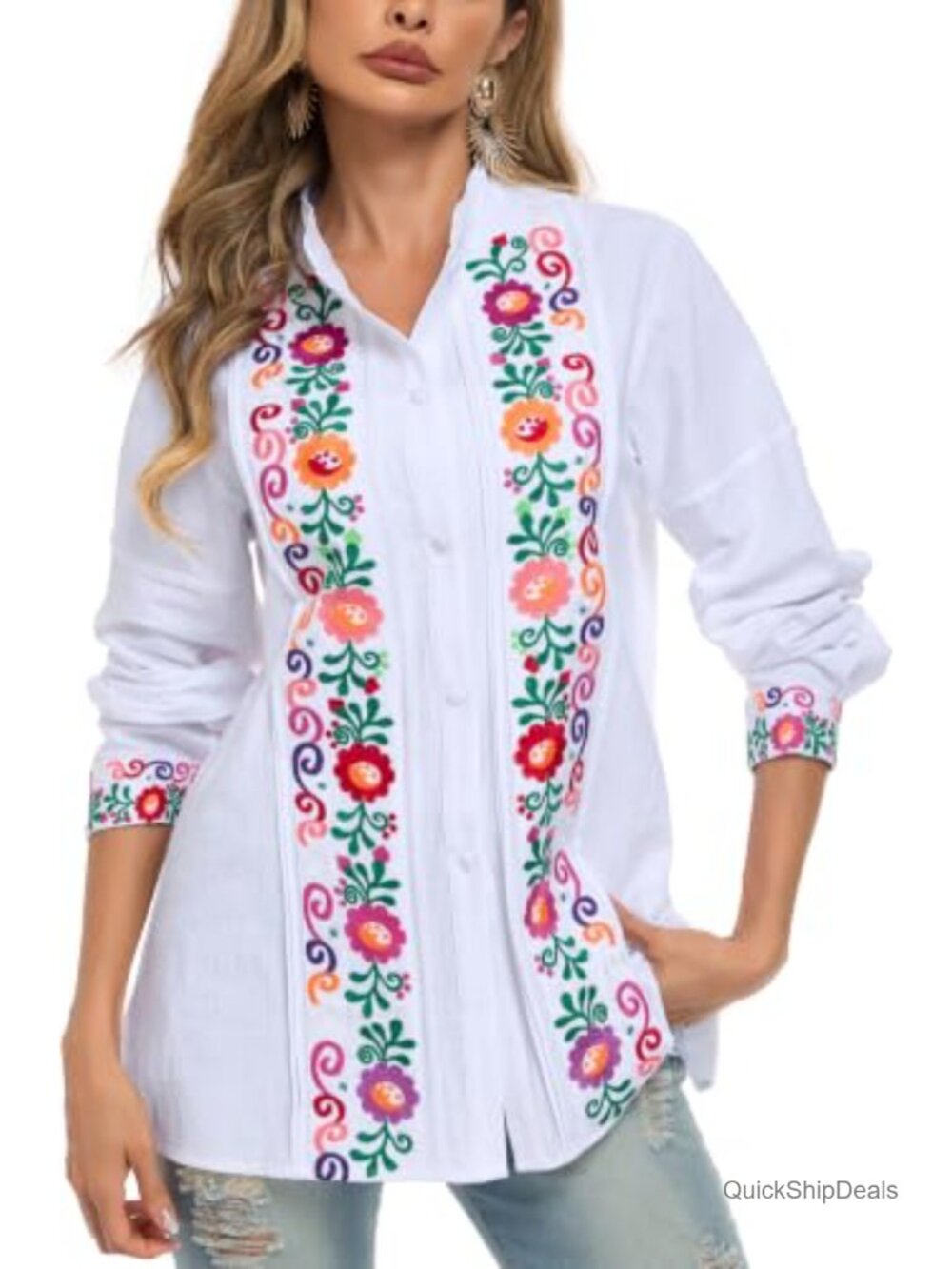 Women's Western Embroidered Boho Cowgirl Floral Blouse Peasant Top
